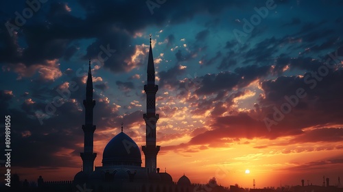 A serene mosque silhouette against the evening sky on Eid, peaceful and timeless