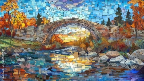 Mosaic. A bridge spans the river on a beautiful  sunny day  creating a Stained Glass Illusion amidst the surrounding nature. 