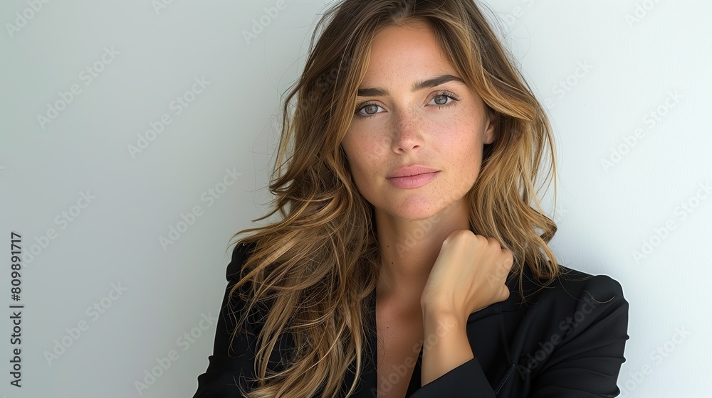 Naklejka premium Businesswoman standing with a confident expression, featuring warm, natural light and a minimalistic style