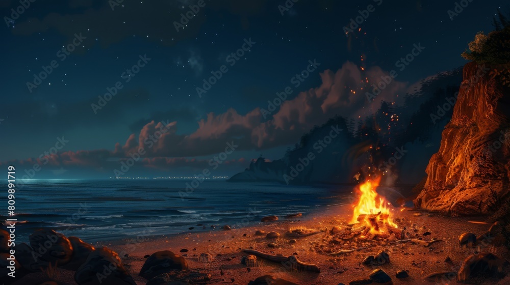 Fototapeta premium A bonfire blazing on the beach at night, casting a warm glow as friends gather around, sharing stories and laughter.