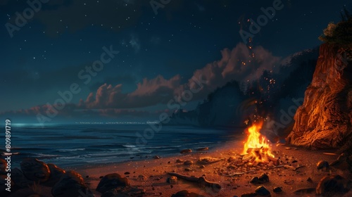 A bonfire blazing on the beach at night, casting a warm glow as friends gather around, sharing stories and laughter. photo