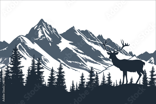 Black silhouette of deer mountains and forest, Silhouette of fir trees and wild deer, Deer silhouette in forest, Deer in the woods, Deer in the forest, Animal, Mountain, Wildlife, Forest, Nature, Deer