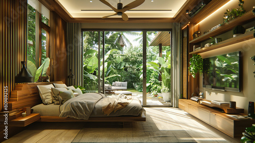 Tropical Bedroom with Elegant Bedding and Stylish Furniture  Luxury Resort Interior with Contemporary Decor and Relaxation Space