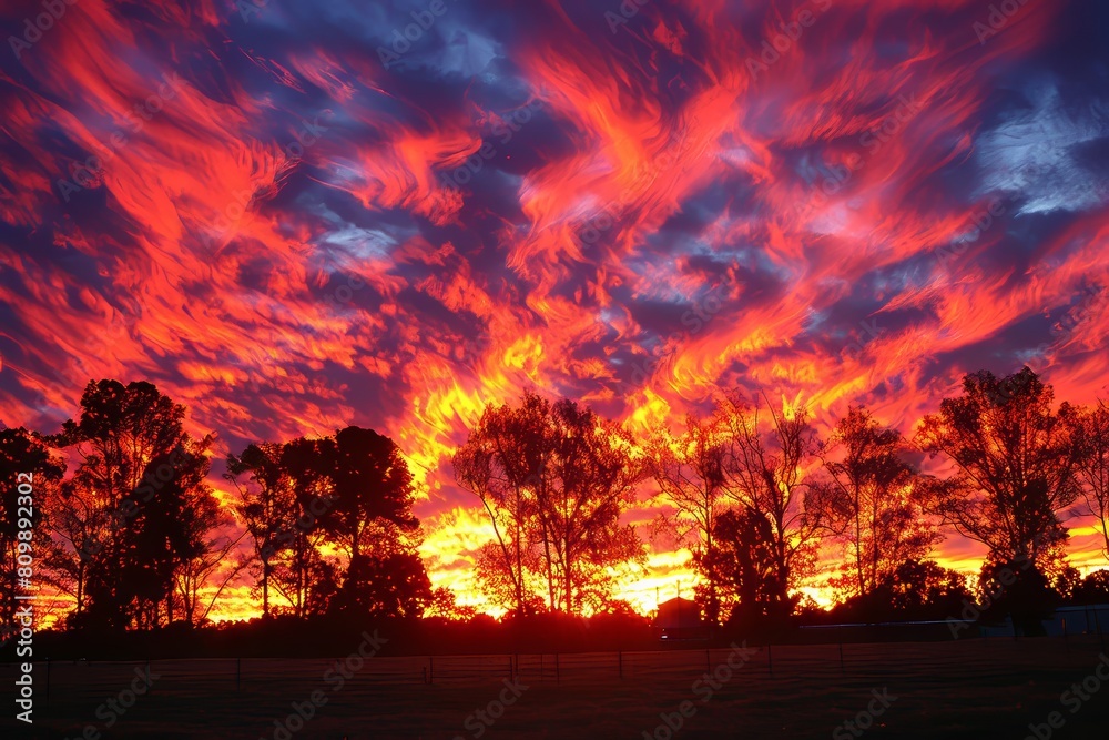 Colorful Sunset With Clouds and Trees in Background Colorful Sunset With Clouds and Trees in Background