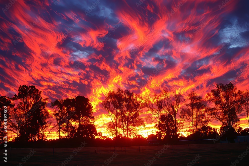 Colorful Sunset With Clouds and Trees in Background