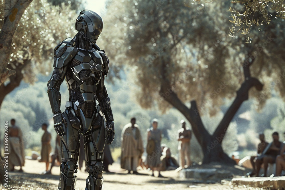From beyond our era, a figure in advanced exoskeleton armor appears in ancient Greece, amidst philosophers in the Agora, under the gentle light of olive trees From beyond our era, a figure in advanced exoskeleton armor appears in ancient Greece, amidst philosophers in the Agora, under the gentle light of olive trees