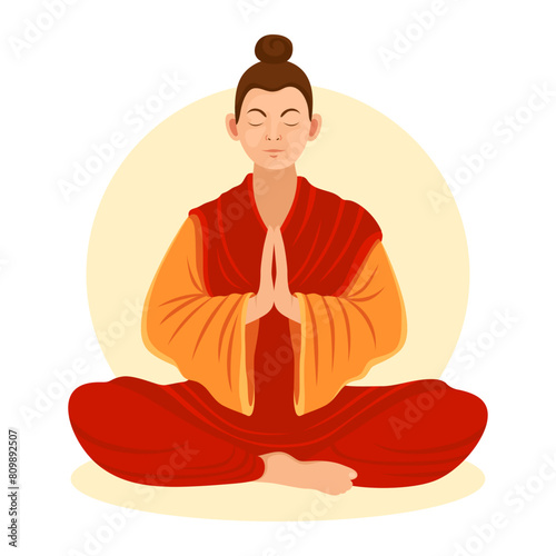Buddhist, buddhist monk in a meditation pose. Man in red and yellow clothes meditates. Hands folded in prayer. Concept of meditation, zen, yoga. Character vector Illustration, white background. 