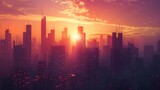 A futuristic, abstract city skyline silhouetted against an orange and purple sunset in 8K