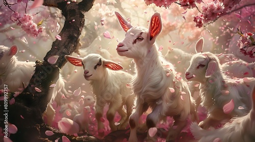 In a springtime fantasy, baby goats cavort beneath a cherry tree, petals swirling like confetti in their playful celebration