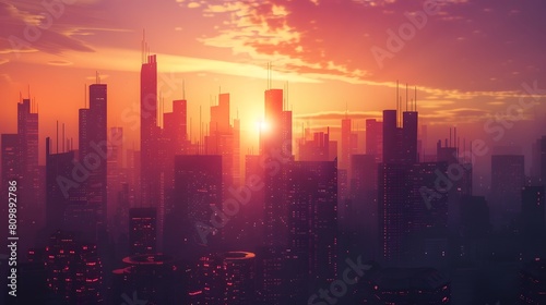 A futuristic, abstract city skyline silhouetted against an orange and purple sunset in 8K © Love Mohammad