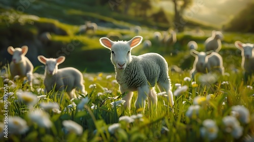 Lambs roam freely in a lush meadow, their playful antics echoing through the tranquil landscape photo