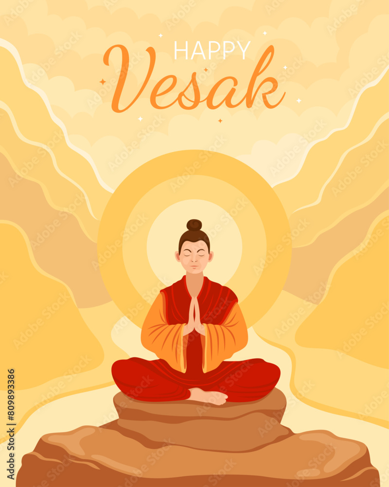 Happy vesak day. Vesak concept for card or banner. Happy Buddha Day. Buddhist, buddhist monk in a meditation pose. Man in red and yellow clothes meditates. Soft yellow and orange background, sunrise.