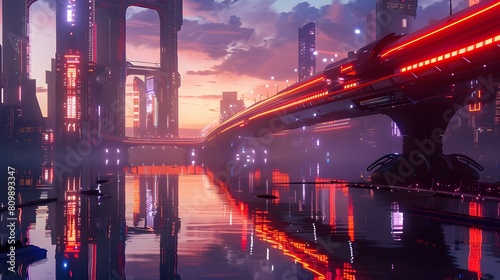 A futuristic bridge with glowing neon lights  reflecting in the calm water below at twilight  skyscrapers in the distance.