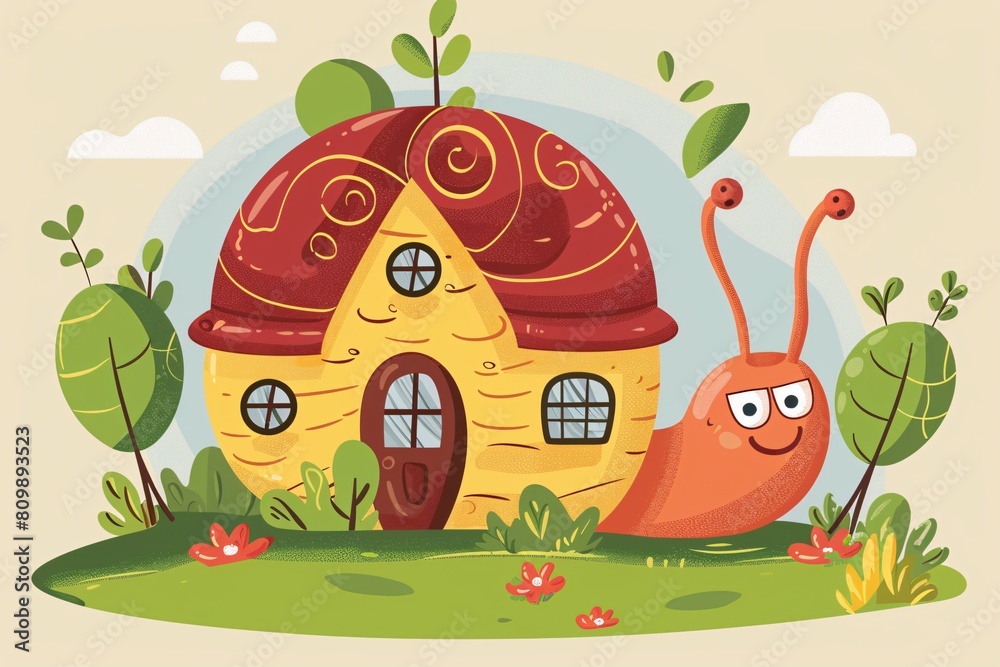 Modern cartoon style of A snail with its little house on its back Modern cartoon style of A snail with its little house on its back