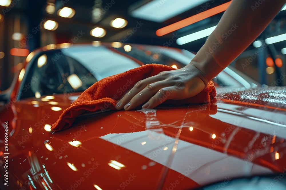 Person wiping and polishing car windshield with a microfiber cloth, soft indoor lighting enhancing the scene