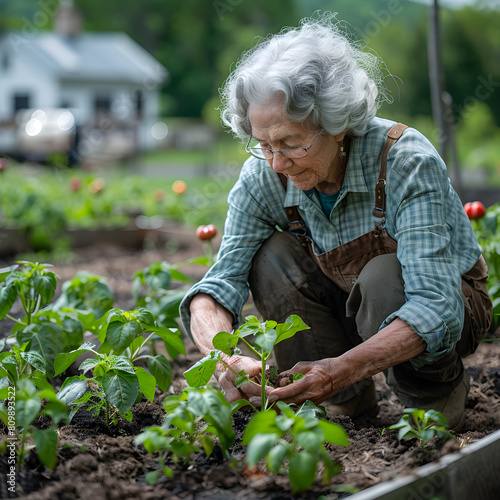 senior person planting tomato