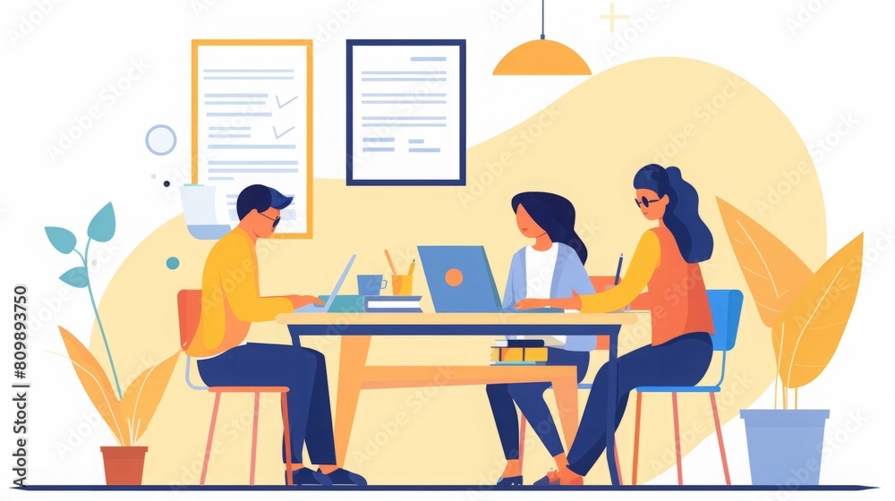 A group of diverse individuals sitting at a table, focused on their laptops, collaborating on projects or tasks in a modern workspace. A group of diverse individuals sitting at a table, focused on their laptops, collaborating on projects or tasks in a modern workspace.