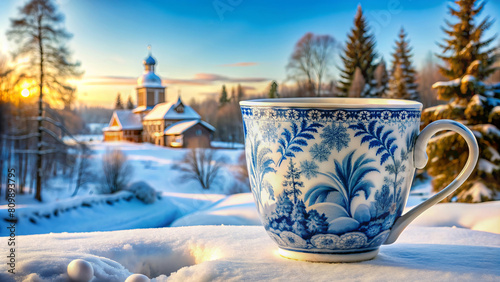 Gzhel style mug on the background of a winter landscape photo