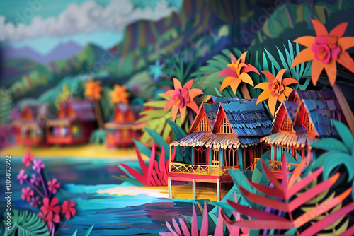 Fijis lush landscapes and traditional bure huts reimagined as a vibrant paper cut art piece Oceanias paradise captured  photo