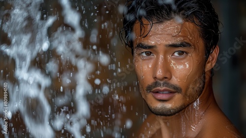 Young Asian man in the water looking at camera