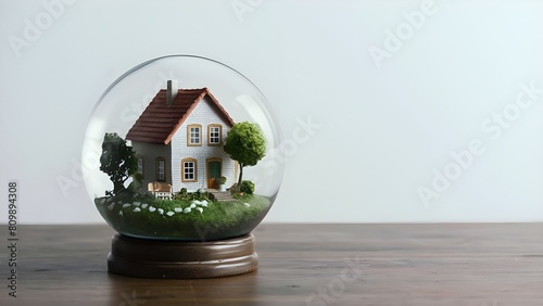 Miniature house model with a tiny garden scene enclosed in a glass globe