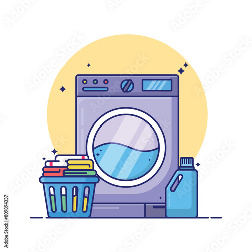A blue and white washing machine with a basket of clothes