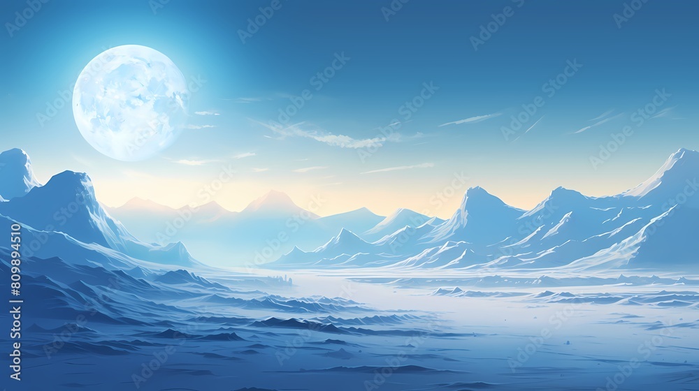 Blue and white moon and snowy mountains illustration poster background Blue and white moon and snowy mountains illustration poster background
