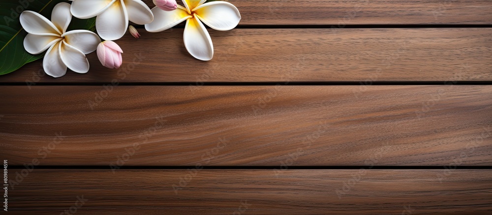 Top down view of a spa environment featuring a plumeria flower gracefully placed on a wooden table creating an inviting copy space image