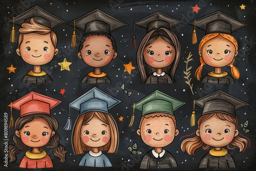 Cartoon drawing portraits of graduated students, children in graduation cap, illustration