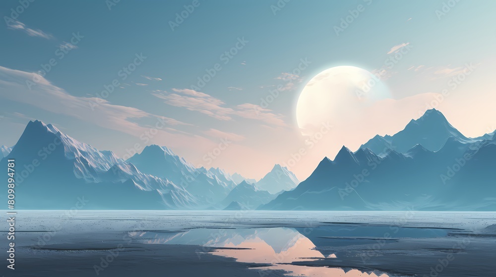 Blue and white moon and snowy mountains illustration poster background