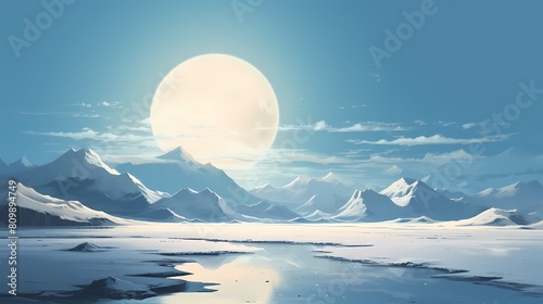 Blue and white moon and snowy mountains illustration poster background