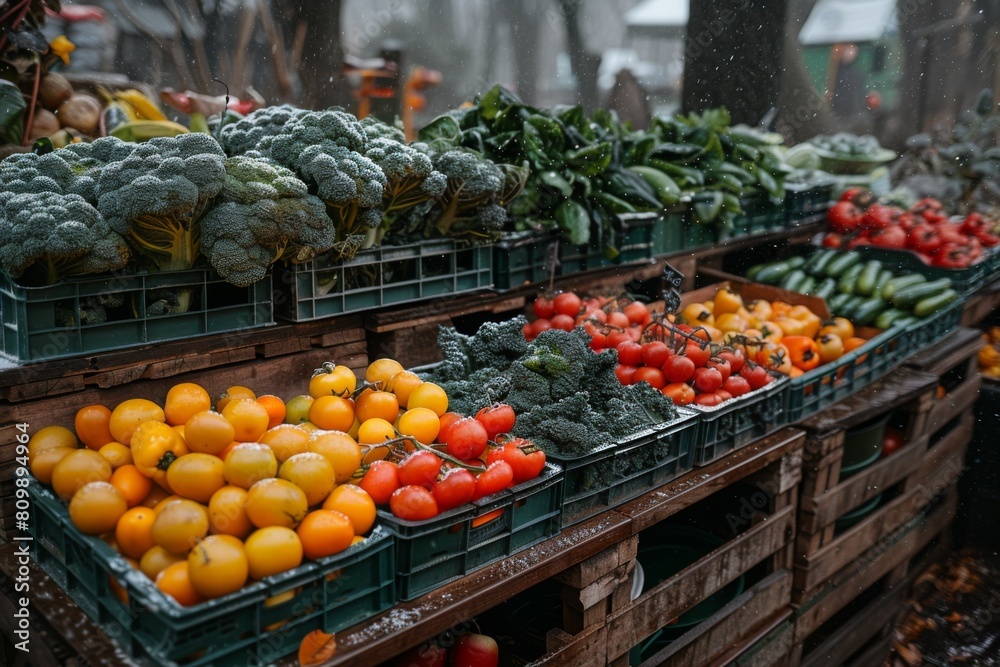 A vibrant farmers' market display featuring a variety of fresh vegetables such as tomatoes, broccoli, and peppers, lightly dusted with snow, showcasing seasonal produce.