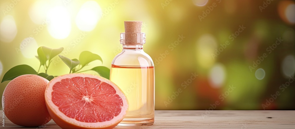 Close up photo of grapefruit essential oil in a bottle alongside a fresh fruit placed on a well lit table There is empty space available for adding text. Creative banner. Copyspace image Close up photo of grapefruit essential oil in a bottle alongside a fresh fruit placed on a well lit table There is empty space available for adding text. Creative banner. Copyspace image