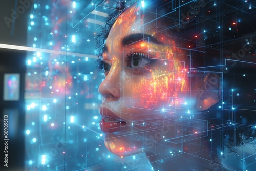 A futuristic portrayal of a woman with a complex digital interface projected onto her face, suggesting advanced technology and data analysis.