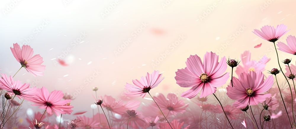 A romantic banner with pink cosmos flowers providing ample copy space for a message or design
