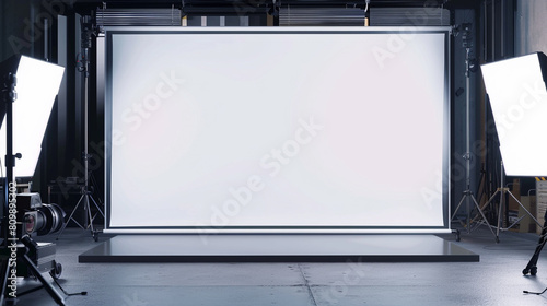 A professional studio setting featuring a front view of a large white blank TV screen with a virtual studio background. photo