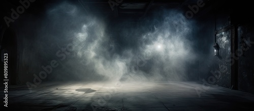 Dark room with empty walls dim lights swirling smoke glowing rays and abundant copy space image