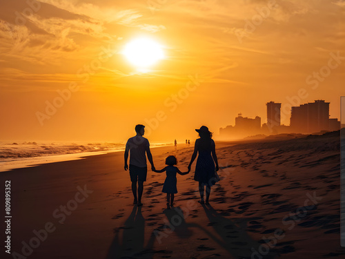 Sunrise Stroll  Family Silhouettes Enjoy a Morning Beach Walk. Family Walks Hand-in-Hand Towards the Rising Sun. generative AI