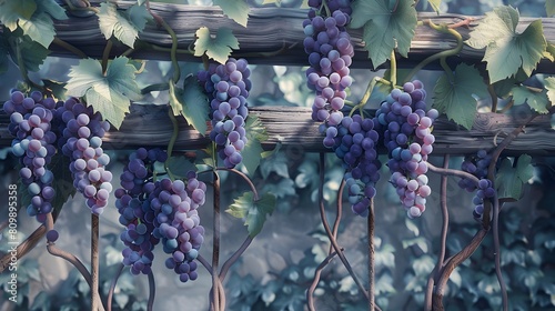 A grapevine heavy with bunches of ripe purple grapes, climbing a rustic trellis photo