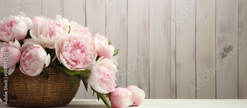 Fototapeta Naklejka Na Ścianę i Meble -  A bouquet of pale peonies gracefully adorns a white wooden table positioned beside a wicker basket This captivating image allows for copy space