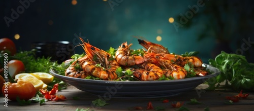 A copy space image showcasing delicious grilled shrimps elegantly presented on a table