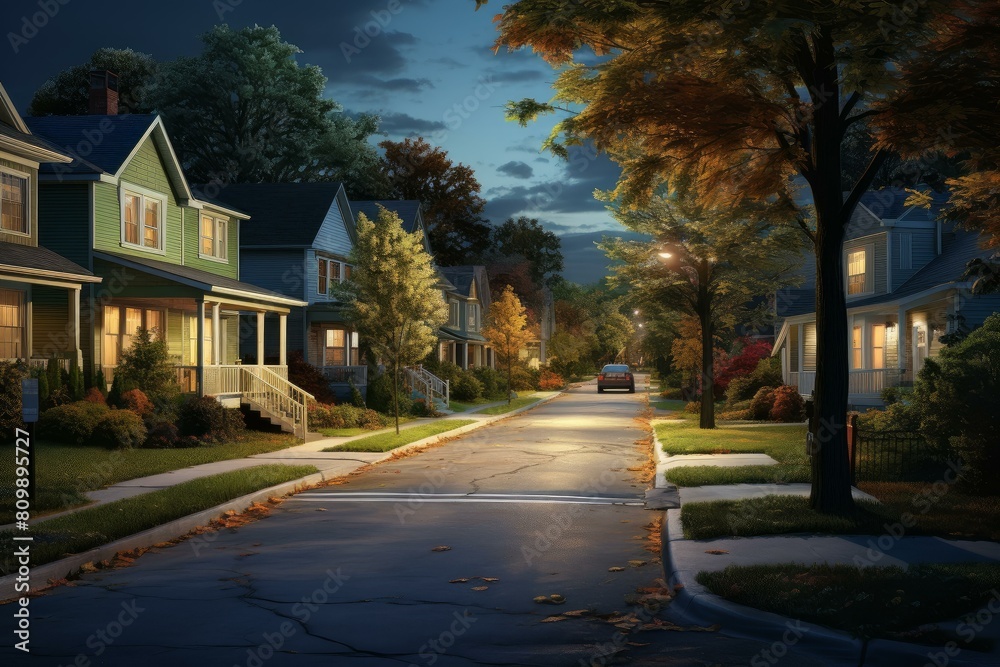 Idyllic evening scene of a peaceful residential street during the magical twilight hour