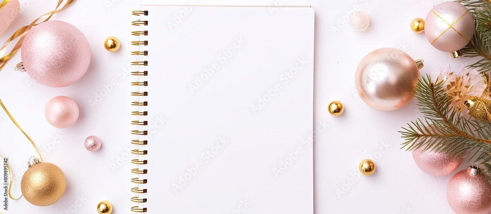Fototapeta premium An aesthetically appealing flat lay style image of a planning concept notebook adorned with festive decorations and placed on a white table with a designated area for text The color scheme exudes a s