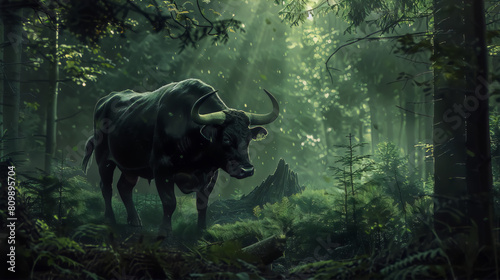 Mystical bull standing in the middle of a dense forest with green foliage and sunlight shining through the trees in the background, digital art, concept art, trending