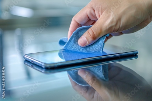 Close-up of hand using microfiber cloth to clean smartphone screen