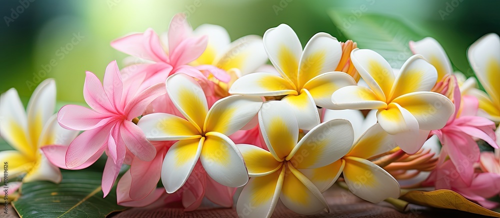 A colorful mix of Frangipani flowers in pink white and yellow also known as Plumeria are set against a blurred background of fresh green leaves enhancing the spa and relaxation concept of this copy s A colorful mix of Frangipani flowers in pink white and yellow also known as Plumeria are set against a blurred background of fresh green leaves enhancing the spa and relaxation concept of this copy s