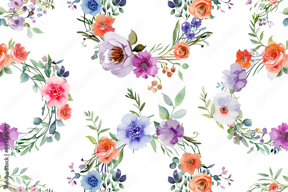Floral Wreaths, Circular designs featuring floral wreaths, 2D illustration seamless pattern 
