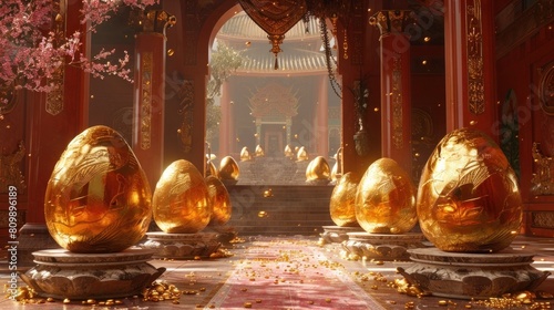 Golden Eggs Ceremonially Offered to the Deity in an Ornate Temple Interior photo