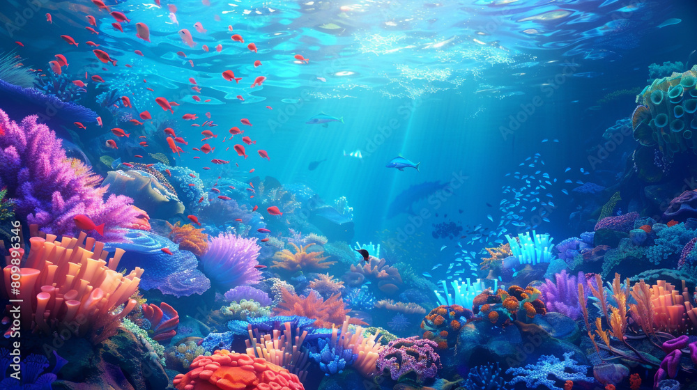 Fototapeta premium A colorful underwater scene with a variety of fish and coral. Cartoon style.