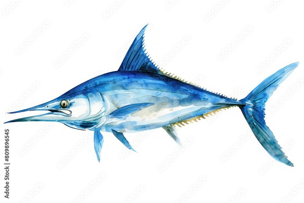 Fototapeta premium Blue marlin, Pastel-colored, in hand-drawn style, watercolor, isolated on white background